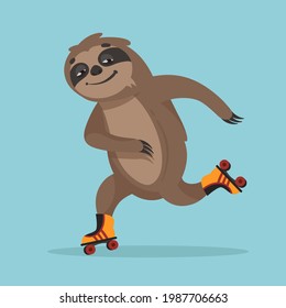 Sloth roller skating. Funny animal in cartoon style.