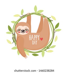 Sloth in a round frame, vector illustration