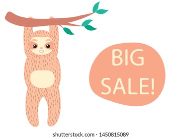 Sloth with sale. Black friday. Element for logo, game, print, poster or other design project. Vector illustration.