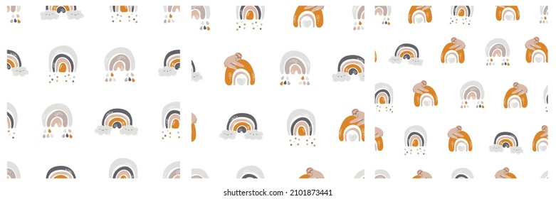 Sloth seamless pattern. Animal abstract boho rainbow, minimalist arch. Nursery and baby room. Cute animal stock modern trendy hand drawn flat illustration isolated on white background.