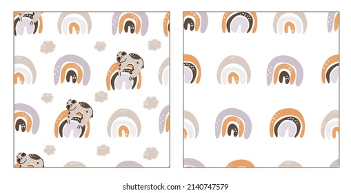 Sloth seamless pattern. Animal nursery abstract boho rainbow, minimalist arch. Nursery and baby room. Cute animal stock modern trendy hand drawn flat illustration isolated on white background.
