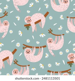 sloth seamless pattern in flat vector