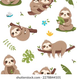 Sloth seamless pattern. Repeating design element for printing on fabric. Tropical and exotic animal on branch. Nature and wild life, flora and fauna. Cartoon flat vector illustration