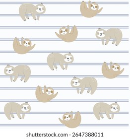 Preguiça padrão sem emenda. Elemento de design repetitivo para impressão em tecido.animal tropical em galho. Natureza e vida selvagem, flora e fauna. Ilustrações de vetor planas de desenhos animados 