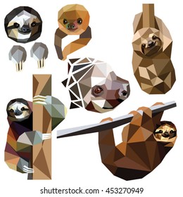 Sloth set colorful low poly animal designs isolated on white background. Vector illustration. Collection in a modern style.