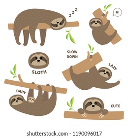 Sloth set mother with baby. Cute lazy cartoon kawaii character. Fluffy fur. Slow down text. Tree branch Wild joungle animal collection. Isolated. White background. Flat design. Vector illustration