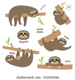 Sloth set mother with baby. Cute lazy cartoon kawaii character. Slow down text. Tree branch Wild joungle animal collection. Isolated. White background. Flat design. Vector illustration