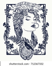 Sloth. Seven deadly sins tattoo and t-shirt design. Lazy woman, symbol of inaction, apathy, idleness, melancholy, depression, boredom. Sleeping missing beautiful girl tattoo 