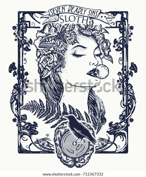 Sloth. Seven\
deadly sins tattoo and t-shirt design. Lazy woman, symbol of\
inaction, apathy, idleness, melancholy, depression, boredom.\
Sleeping missing beautiful girl tattoo\
