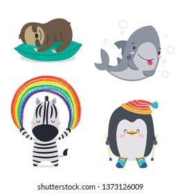 Sloth, Hai, Zebra, Pinguin. Kühle kleine Tiere, die lächeln. Kawaii Cartoon Baby-Tiercharakter. Flat hand gezeichnetes Kinderposter. Kinderthema. T-Shirt-Druck, Abnutzung, Grußkarte.