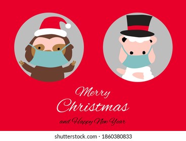 sloth sheep are in circle hole and wear masks with happiness with Christmas invitation card design,vector illustration