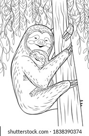 A sloth with ифин sits on a tree in the jungle. Coloring page for coloring book. Cartoon vector illustration.