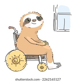 Sloth sits on a wheelchair. The disabled animal smiles and looks out the window. Optimistic lifestyle. Rehabilitation concept. Cute happy pet with physical disability or impairment. Positive Disabled