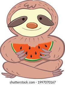 Sloth sitting and eating watermelon 