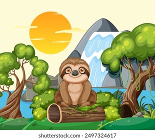 A sloth sitting on a log in nature