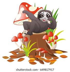 Sloth sitting on stump tree illustration