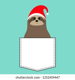 Sloth sitting in the pocket, Red Santa Claus hat. Cute cartoon funny kawaii character. Merry Christmas. Happy New Year. T-shirt, greeting card, poster print. Flat design. Blue background. Vector