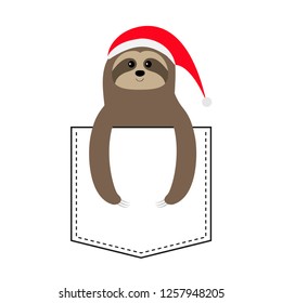 Sloth sitting in the pocket, Red Santa Claus hat. Cute cartoon funny kawaii character. Merry Christmas. Happy New Year. T-shirt, greeting card, poster print. Flat design. White background. Vector