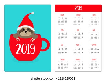 Sloth sitting in red coffee tea cup. Santa hat. Simple pocket calendar layout 2019 new year. Week starts Sunday. Cute cartoon character. Vertical orientation. Flat design. Blue background. Vector