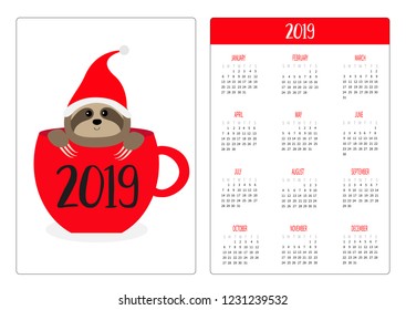 Sloth sitting in red coffee tea cup. Simple pocket calendar layout 2019 new year. Week starts Sunday. Cute cartoon character. Vertical orientation. Flat design. White background. Vector