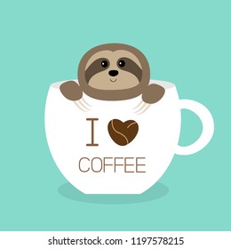 Sloth sitting in teacup. I love coffee cup. Face and hands. Cute cartoon character. Wild jungle animal collection. Slow down. Baby education. Isolated. Blue background. Flat design Vector illustration