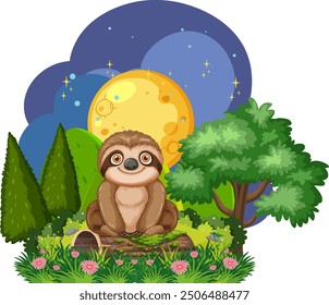 A sloth sitting in a vibrant forest