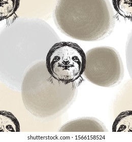 Sloth sketch and pastel shapes seamless pattern. Animal background 