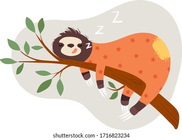 Sloth sleep on branch concept and vector illustration on white background. Cheerful and joyful animal character sloth. Permanent sleep, good rest, recuperation. Cosy cartoon style.