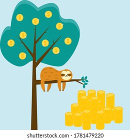 Dormir espumoso en el árbol de dinero, el árbol tiene frutos como monedas de oro, pila de monedas de oro, concepto de ingresos pasivos