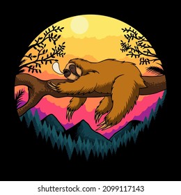 Sloth sleep sunset retro vector illustration for your company or brand