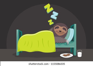 Sloth sleeping in bed with milk and cookies vector illustration