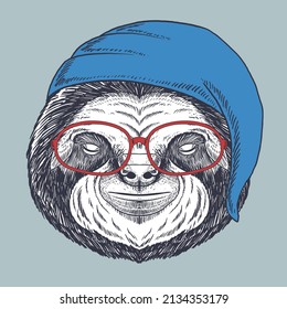 Sloth sleeping hand drawn wearing a red glasses and sleeping hat for your company or brand