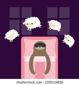 Sloth in sleeping mask. Jumping sheeps. Cant sleep going to bed concept. Counting sheep. Cute cartoon kawaii lazy baby animal set. Blanket pillow room two windows. Flat design Violet background Vector