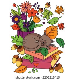 Sloth sleeping on the book behind a flower vase maple leaf acorn autumn fall vector coloring pages