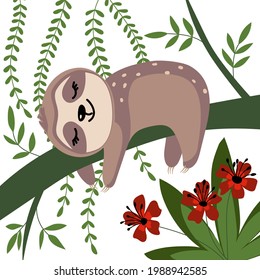 Sloth sleeping on a branch in a beautiful forest. Cute vector illustration isolated on white background. Baby shower card, poster, decoration, sticker.