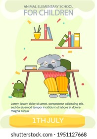 Sloth is sleeping on desk during lesson. Animal elementary school for children concept poster