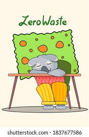Sloth sleeping on a desk at a lesson against the background of a poster with the inscription. Zero waste concept illustration in cartoon style. Wild animals preserve the environment and do not harm it