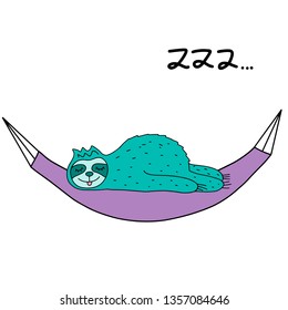 Sloth sleeping on a hammock vector illustration. Cute exotic animal image for children clothes design, fabric print, birthday invitation card, nursery design.  EPS10