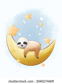 Sloth sleeping sleeping on the mooncartoon illustration, watercolor animals Isolated on white background, for cover book, print, baby shower, nursery decorations, birthday invitations, poster, greetin