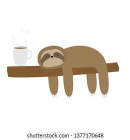 Sloth sleeping on tree branch. I love coffee cup drink. Cute lazy cartoon kawaii funny character.Slow down. Wild joungle animal collection. Isolated. White background. Flat design. Vector illustration