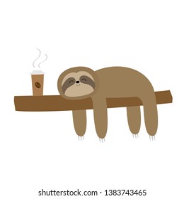 Sloth sleeping on tree branch. Cute lazy cartoon kawaii funny character. I love coffee paper cup drink. Slow down. Wild joungle animal collection. White background. Flat design. Vector illustration