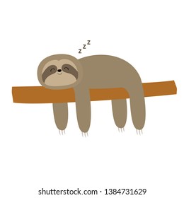 Sloth sleeping on tree branch. Cute lazy cartoon kawaii funny character. Slow down. ZZZ text. Wild joungle animal collection. Isolated. White background. Flat design. Vector illustration
