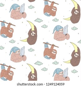 Sloth sleeping print. Dreaming animals with moon, pillow and hat baby wildlife set. Handdrawn children character. Happy repeated space background