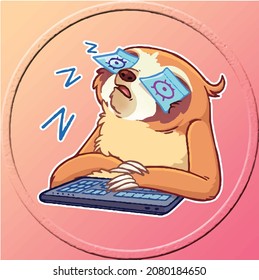 a sloth sleeps in front of a laptop laziness