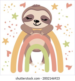 Sloth sleeps on a rainbow. Cute vector illustration isolated on white background. Baby shower card, poster, decoration, sticker.