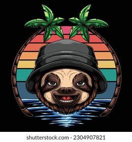 Sloth smile wearing bucket hat retro vector illustration for your company or brand