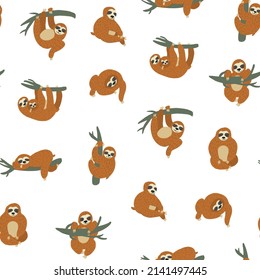 Sloth South America animal seamless vector pattern