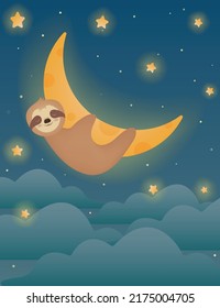 Sloth in space sleeping on the shiny moon, cosmic background with clouds and stars. Cute sleeping sloth on the moon at starry night. Vector illustration for little kids and children 