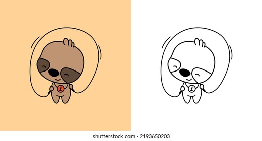 Sloth Sportsman Clipart Multicolored and Black and White. Beautiful Clip Art Animal Sportsman. Vector Illustration of a Kawaii Animal for Prints for Clothes, Stickers, Coloring Pages.
