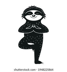 Sloth stands in yoga pose, isolated illustration black stencil, clipart, design, print